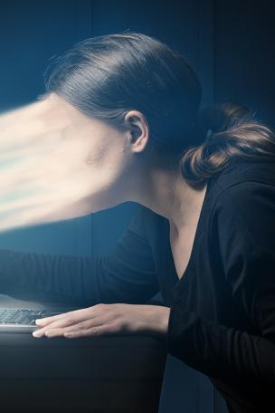 A woman in a black shirt leans over an open laptop, her face is blurred with the light of the screen and looks as if she's being sucked into the laptop.