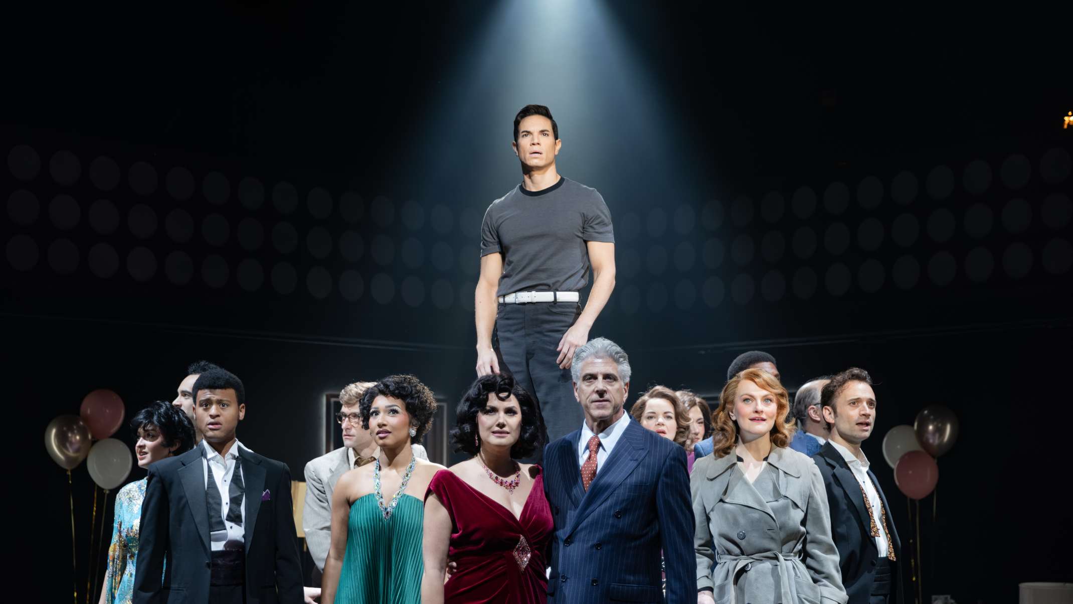 Jason Gotay (Franklin Shepard) and the cast of Merrily We Roll Along