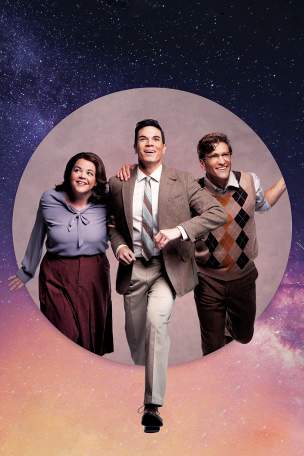 Three people step forward together, smiling and looking upward. They are framed by a moon backdrop against a starry night background.