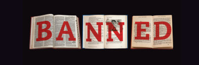 Three books with BANNED superimposed in red