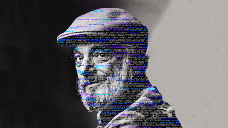 Stephen Sondheim with song titles superimposed across his face