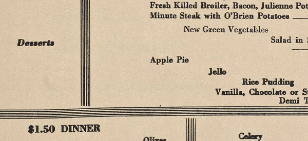 Cotton Club menu featuring apple pie