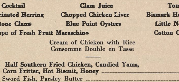 Cotton Club menu featuring Cream of Chicken with Rice