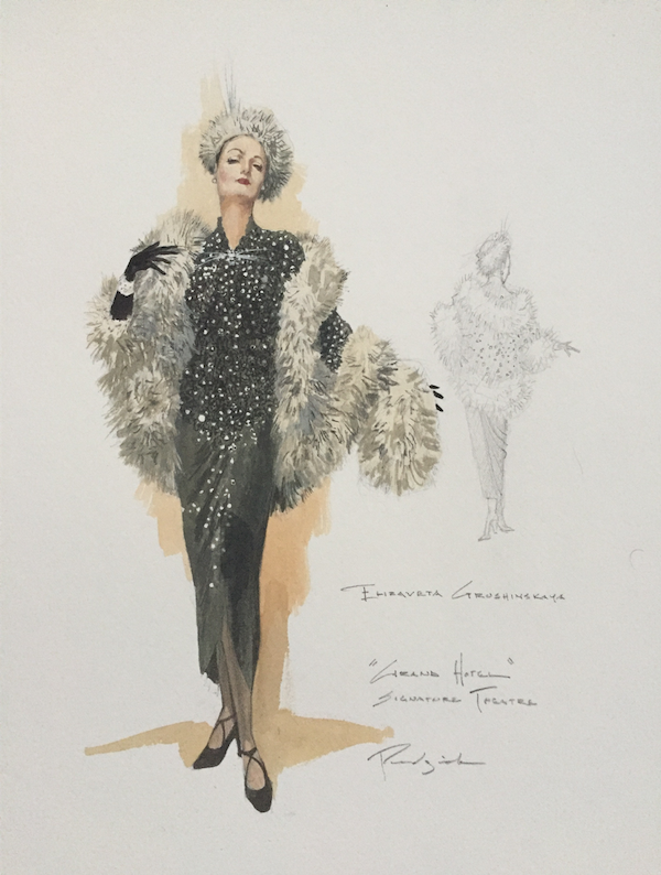 costume design for Elizaveta Grushinskaya: elegant middle-aged woman waring black drop-waist gown with rhinestones and white faux-fur wrap, black gloves, white faux-fur hat