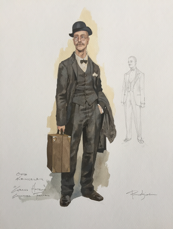 costume design for Otto Kringelein: middle-aged man with full mustache wearing a black vintage suit and bowler hat