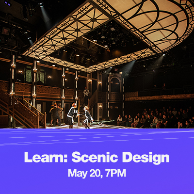 Image of the art deco set of Grand Hotel with text that reads Learn: Scenic Design, May 20, 7PM