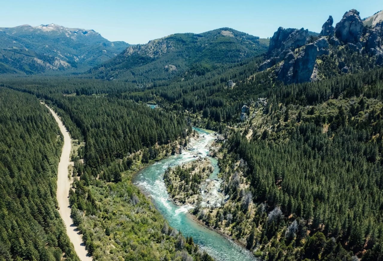 Vista aérea del río Caleufú serpenteando turquesa entre el bosque, con el camino de ripio al costado