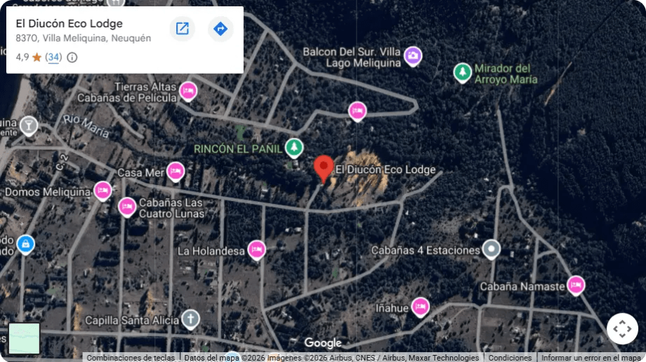 Mapa de Villa Lago Meliquina con la ubicación de El Diucón Eco Lodge marcada