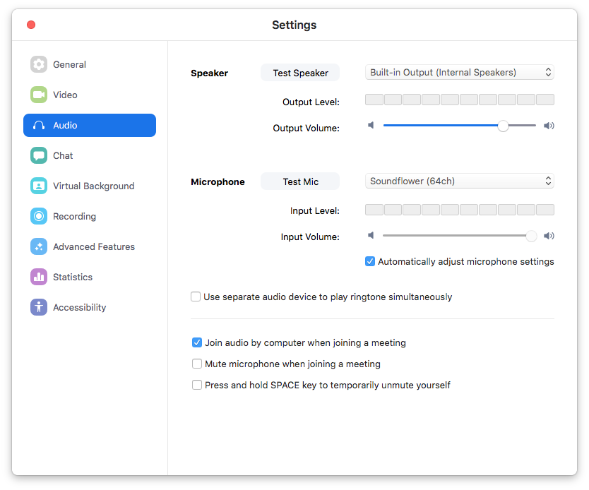 Zoom > Settings > Audio