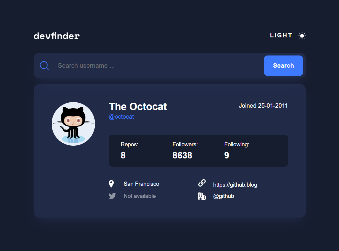 GitHub - silviajcn/DevFinder-Challenge: Frontend Mentor Challenge ...