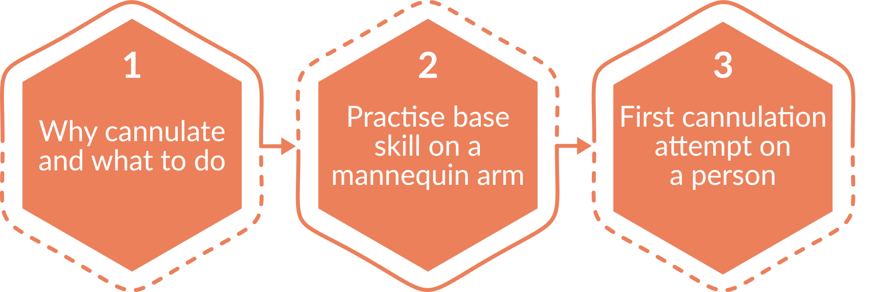Simulation theory canulation example diagram. 3 stages. Instruction. Practise on mannequin arm. Attempt on person.