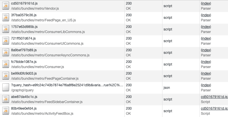 Dev tools waterflow graph for load times on instagram