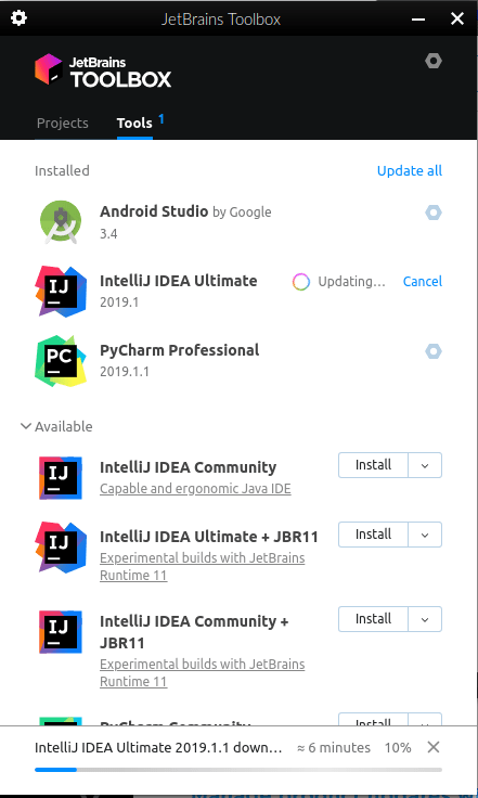 Toolbox App で IntelliJ IDEA Ultimate をアップデートしてる画面