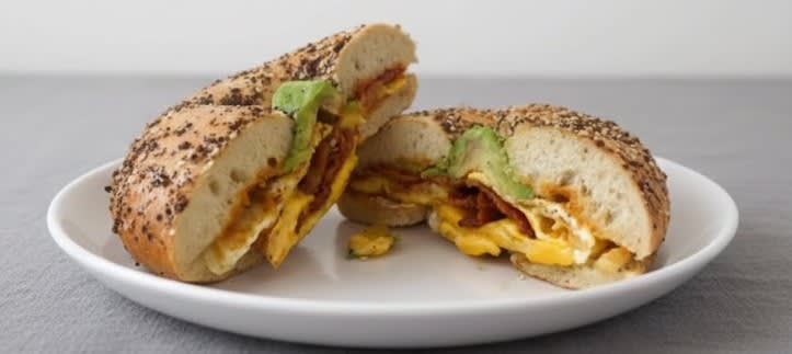 Bacon, Egg and Cheese Sandwich on Flagel