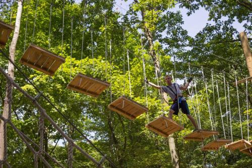 Man crossing rope bridge at Treetop Adventure Park in Grand Rapids
