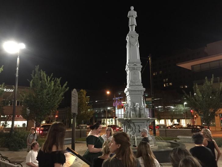 Ghosts of Grand Rapids tour group at fountain in downtown