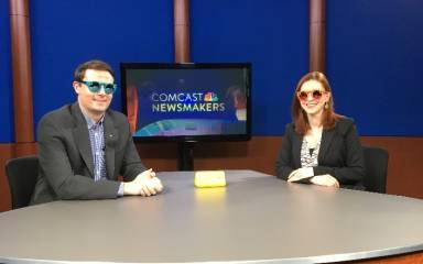 Edward Harris, Vice President of Marketing & Communictions for the Valley Forge Tourism and Convention Board, sits for an on-air interview with Jill Horner of Comcast Newsmakers to discuss the tourism organization’s use of Snapchat Spectacles. As part of the interview, the pair tried on a pair.