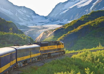 Alaska Railroad train passes a Glacier in Grandview