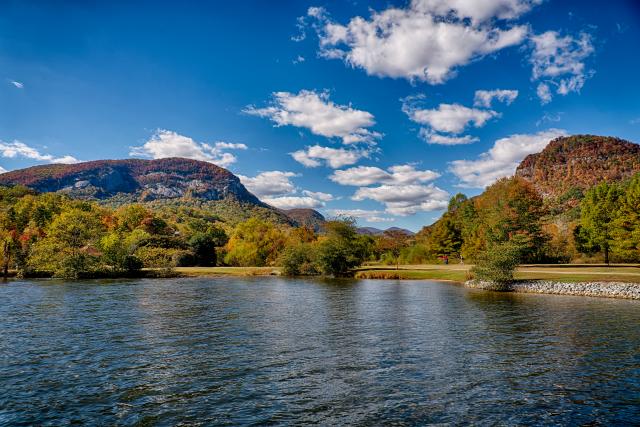 Fall color reflecting off water in Lake Lure