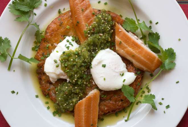 Smoked Trout Has with Poached Eggs and Tomatillo Salsa