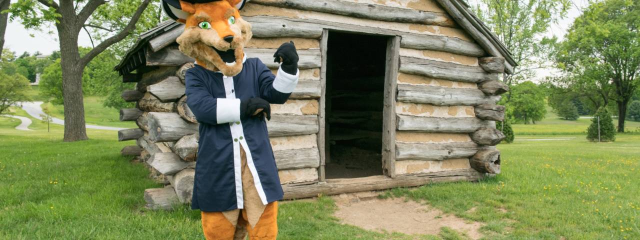 Monty the Fox outside his hut at Valley Forge Park.