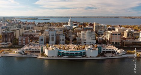 Fall aerial view of Monona Terrace and Madison, WI