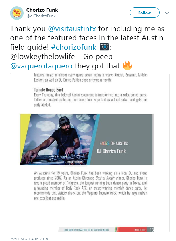 DJ Chorizo Funk twitter response thank you visit austin texas for including me as one of the featured faces in the latest austin field guide go peep vaquero taquero they got that fire