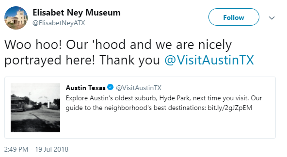 Tweet from Elisabet Ney Museum responding to Visit Austin Tx Woo Hoo our hood and we are nicely portrayed here thank you visit austin