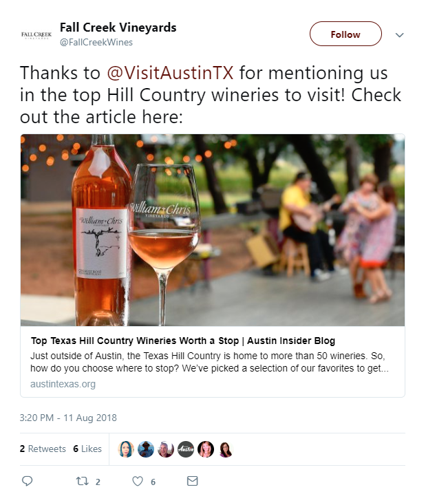 Fall Creek Vineyards tweet thanks to visit austin texas for mentioning us in the top hill country wineries to visit check out the article here