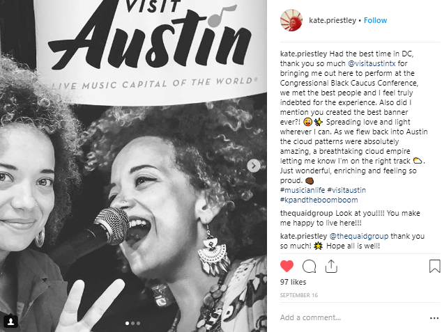 Kate Priestley Instagram post had the best time in DC thank you so much visit austin texas for bringing me out here to perform at the congressional black caucus we met the best people and i feel truly indebted for the experience
