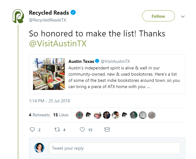 Tweet from Recycled Reads responding to visit austin texas so honored to make the list thanks