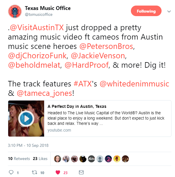 Texas Music Office tweet visit austin texas just dropped a pretty amazing music video featuring cameos from austin music scene heroes peterson brothers DJ chorizo funk jackie venson melat hard proof and more dig it