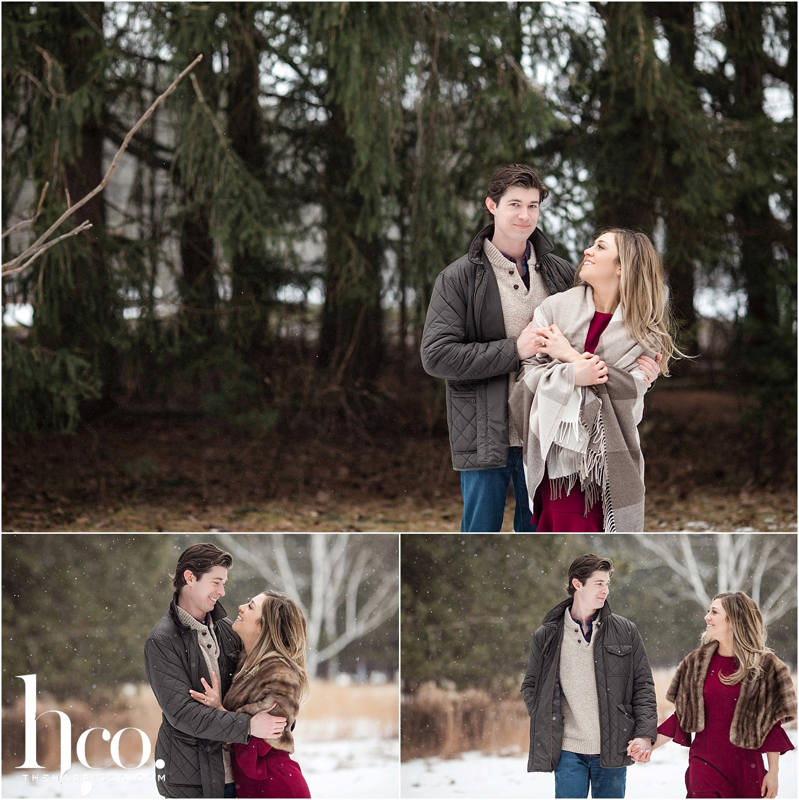 Collage of winter engagement photo shoot on Avenue of the Pines in Saratoga Spa State Park