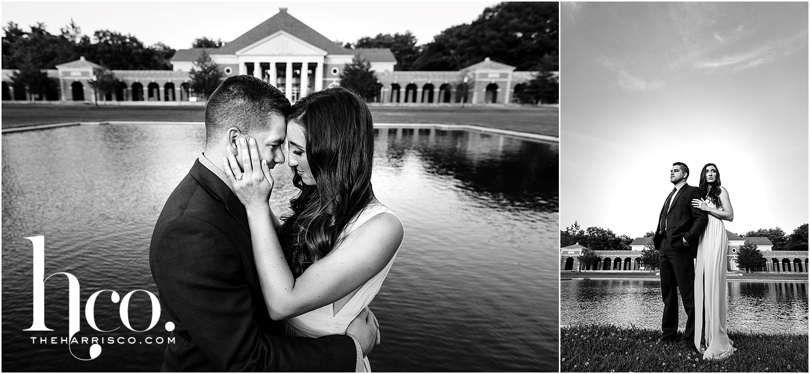 Black and white photos of couple in front of Reflecting Pool at Saratoga Spa State Park