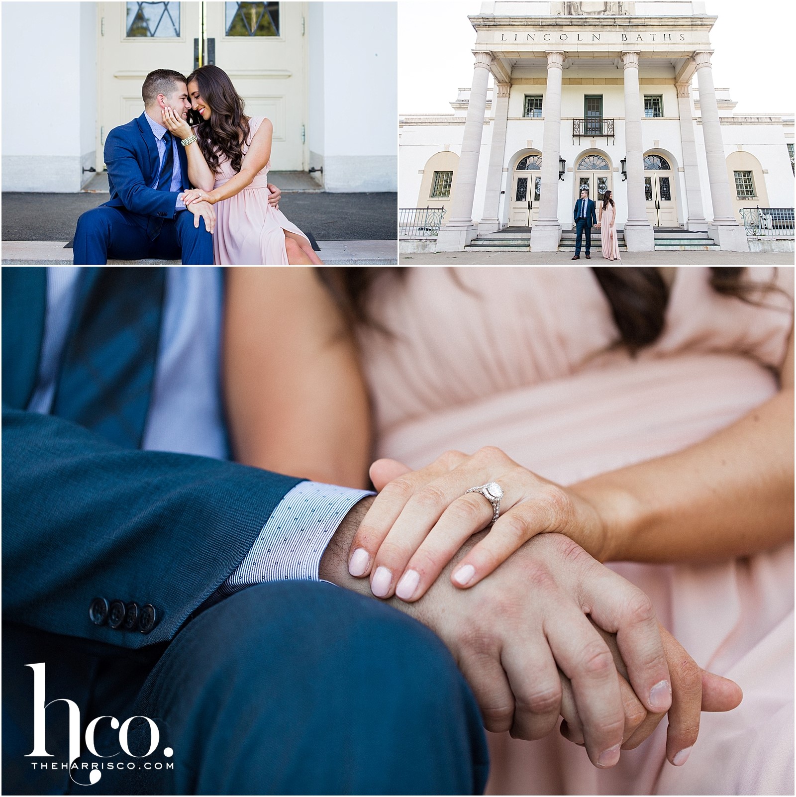 Collage of couple's engagement photos at Lincoln Baths in Saratoga NY