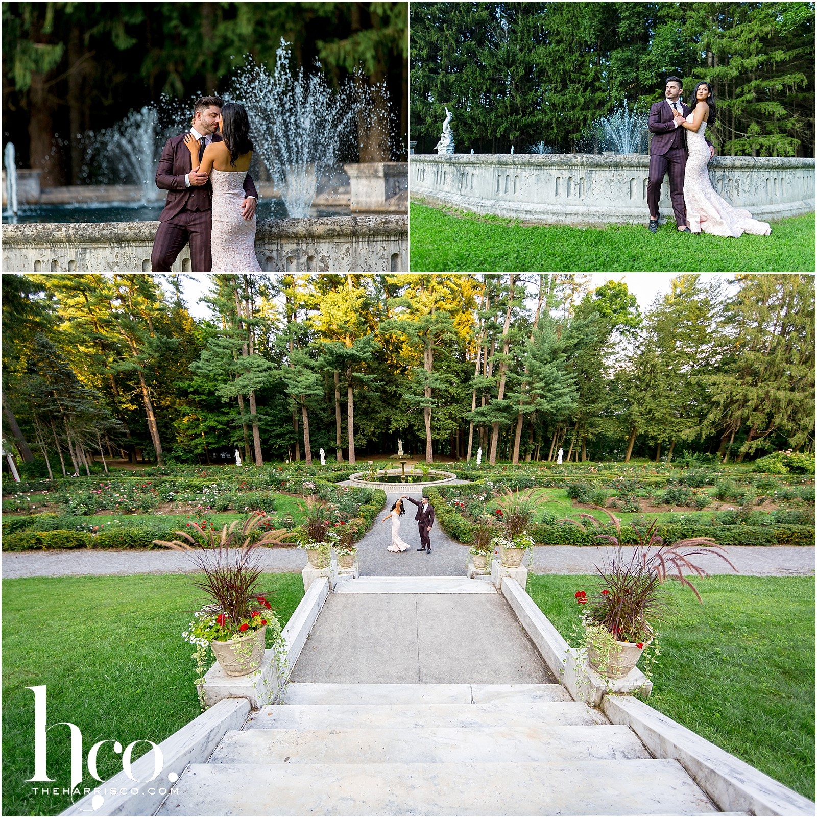 Collage of couple's engagement photos at Yaddo Gardens in Saratoga