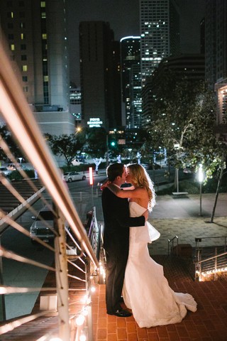 Bride Groom Kissing Downtown Stairway