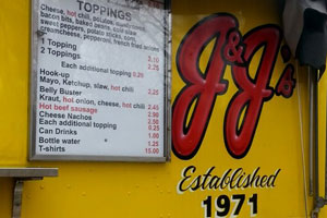 The menu on the side of JJ's Hot Dog Truck in Newark, NJ