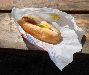 A Zesto hot dog done just right - catsup, mustard and a splash of pickle relish. 