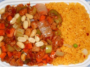 Kung Pao chicken (or beef) is spicy hot - good thing there is plenty of rice!