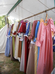 Calico pioneer dresses at one booth, where customers are welcome to explore and purchase just the right frock.