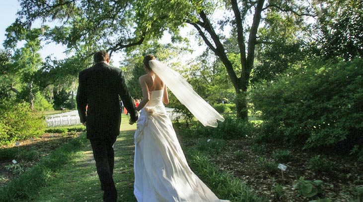 Bride and groom after ceremony at Airlie Gardens