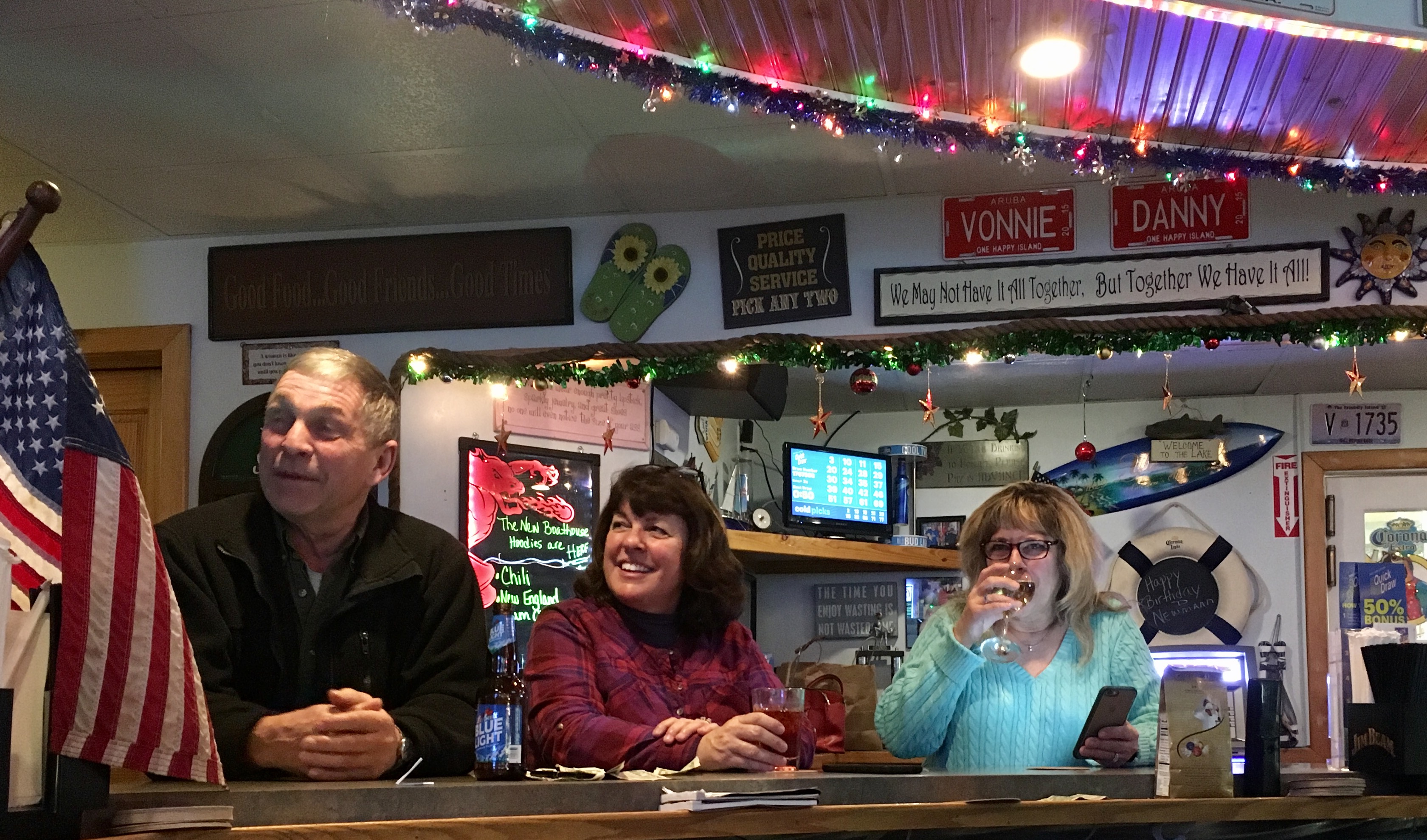 Patrons are smiling at Vonnie's Boathouse Bar & Grille