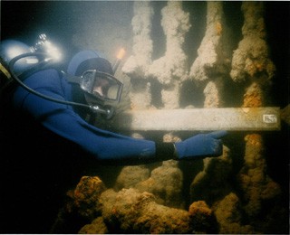 Noted shipwreck explorer Jim Kennard points out the engine plate on the steamer Morningstar in Lake Erie.