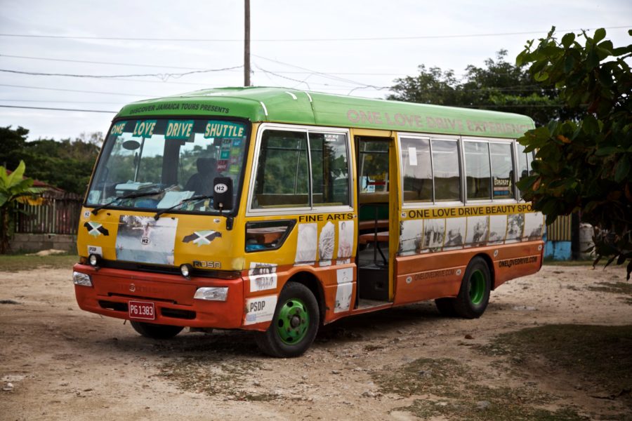 The bus! The famous One Love Bus awaits its passengers as part of the One Love Bus Bar Crawl in Negril, Jamaica. The bus has reportedly carried over 45,000 passengers as part of the community tourism initiative.