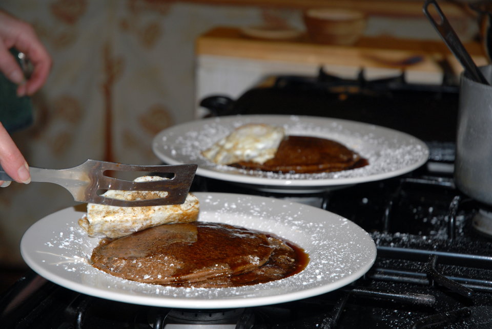Beer Batter Pancakes with Ganache and Eggs