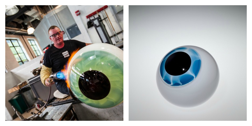 Master Glassblower Sigga Heimis at work + Eye Prototype by Sigga Heimis courtesy of The Corning Museum of Glass