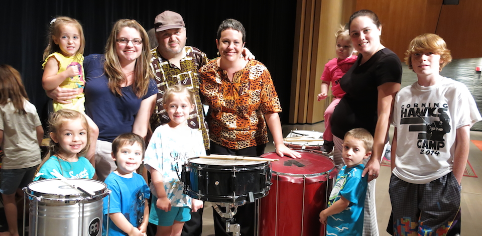 The kids with Gabriel and Tiffany from Diaspora Drumming