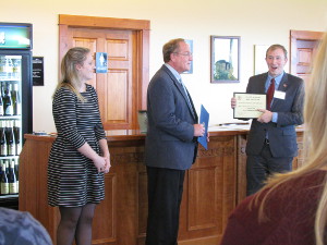 Dr. Frank Awards Meaghan and her father Fred Frank accept recognition from Joe Sempolinski, District Director for Congressman Reed, during a wine reception at Dr. Frank's.