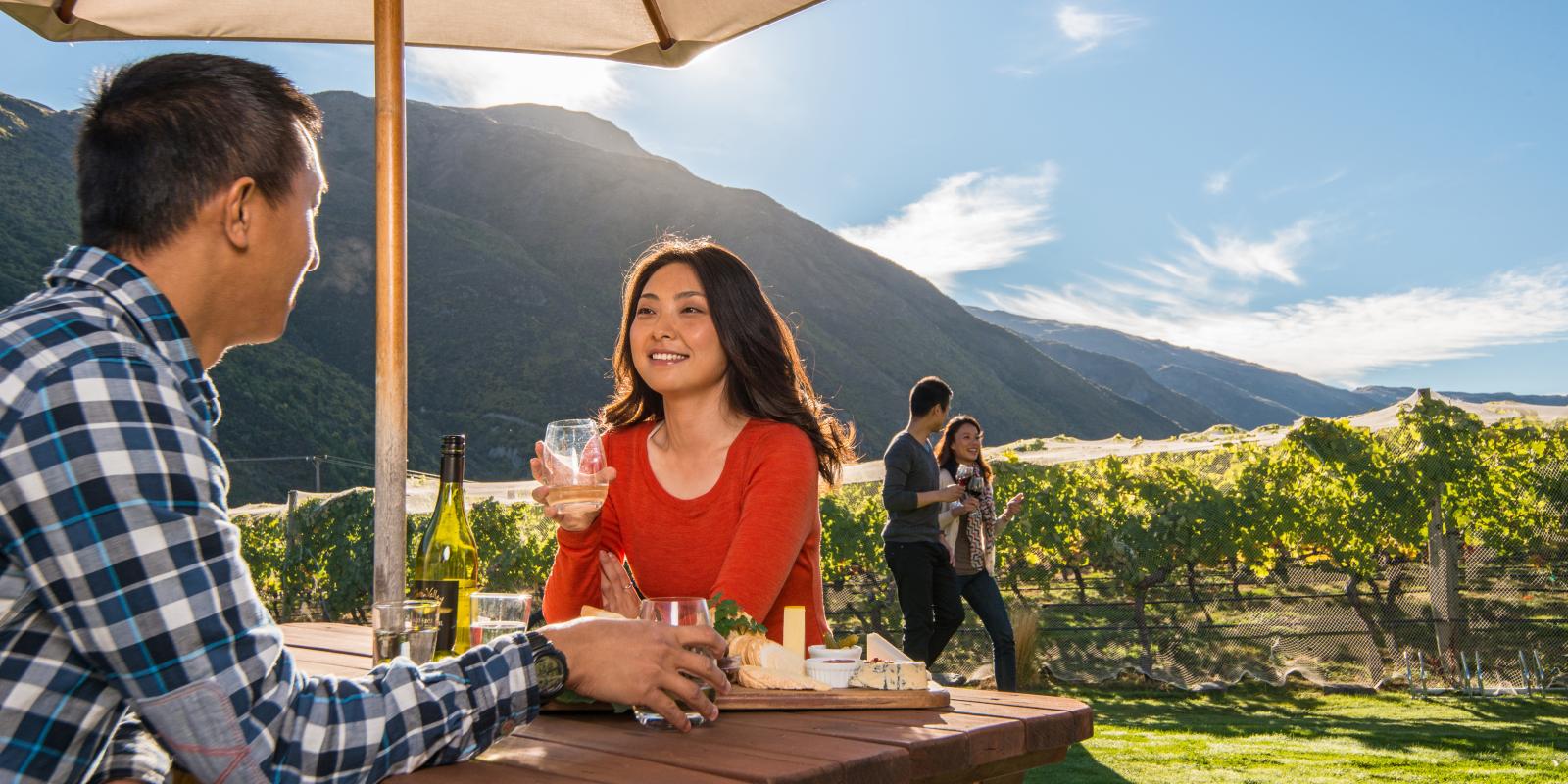 Al fresco dining at Winery in Gibbston Valley Queenstown Wine tasting by vineyard in Gibbston Valley